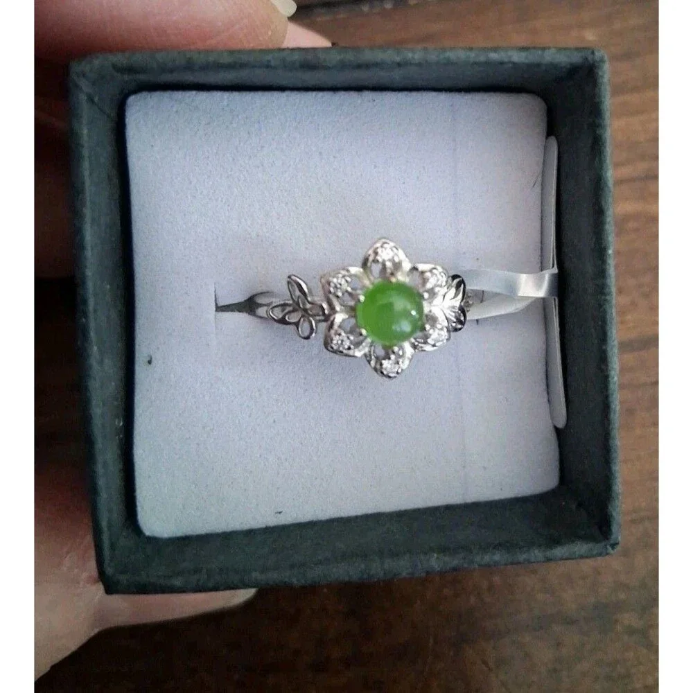 Green Jade Ring 925 Sterling Silver Natural Size 7 Adjustable NWT Butterfly